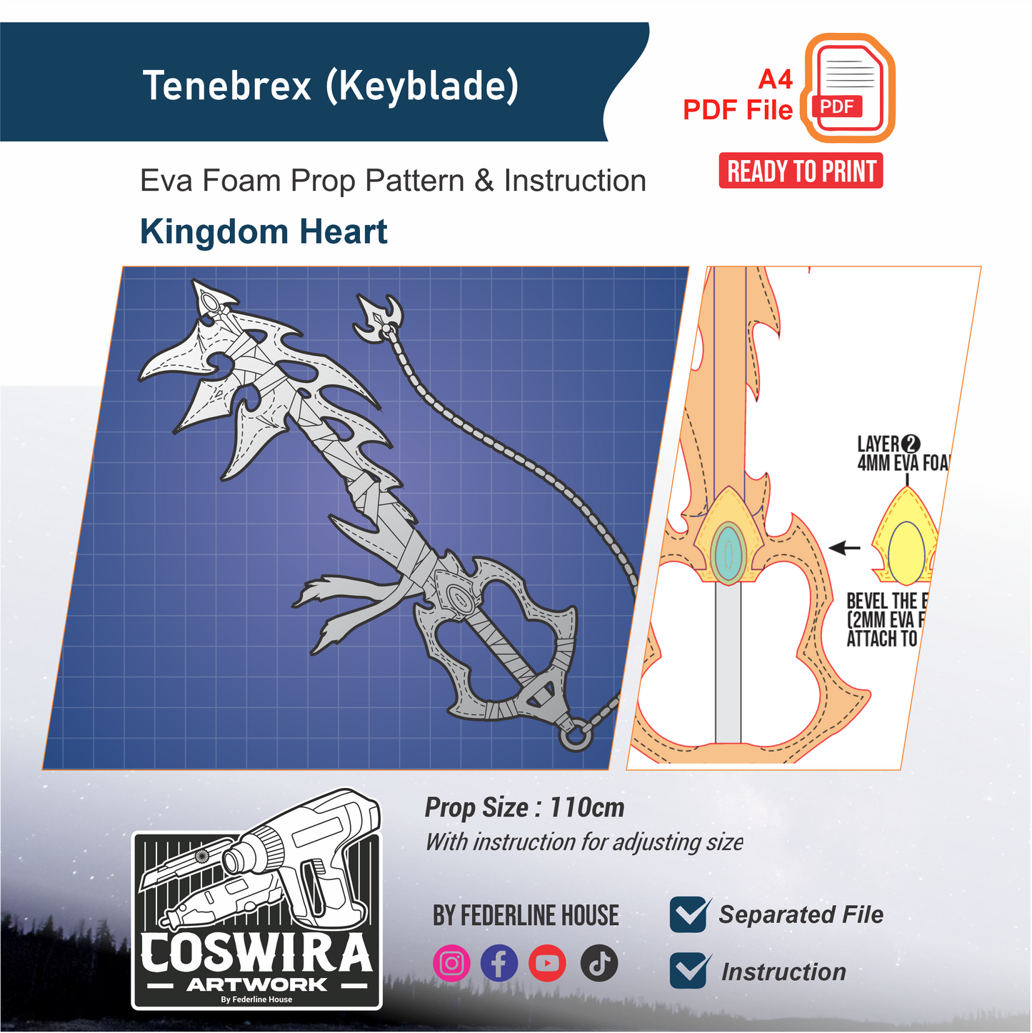 Tenebrex Keyblade Prop Pattern Template – EVA Foam Pattern for Cosplay & DIY Builds Inspired by Kingdom Hearts