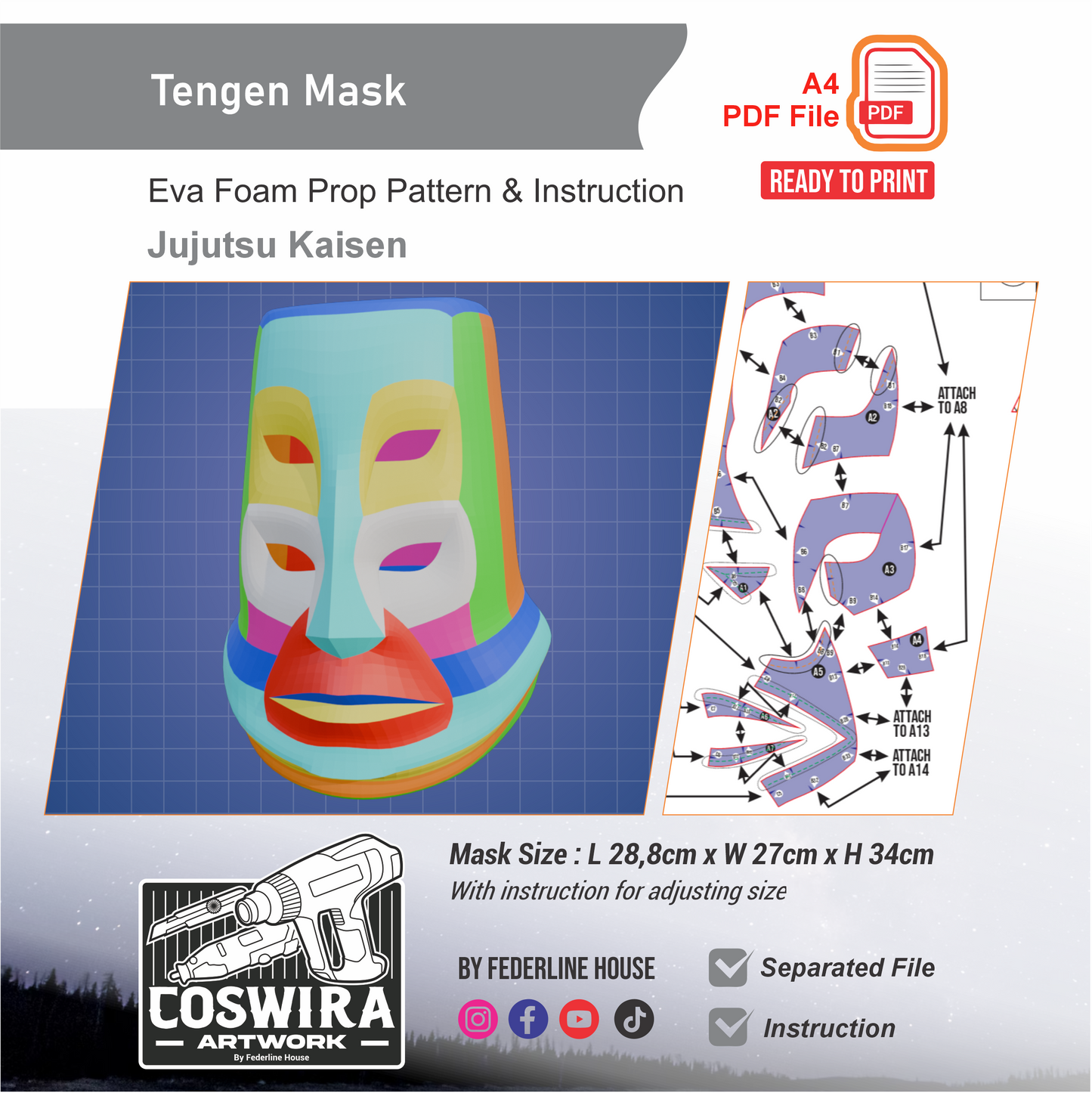 Tengen Mask Prop Pattern Template – EVA Foam Pattern for Cosplay & DIY Builds Inspired by Jujutsu Kaisen