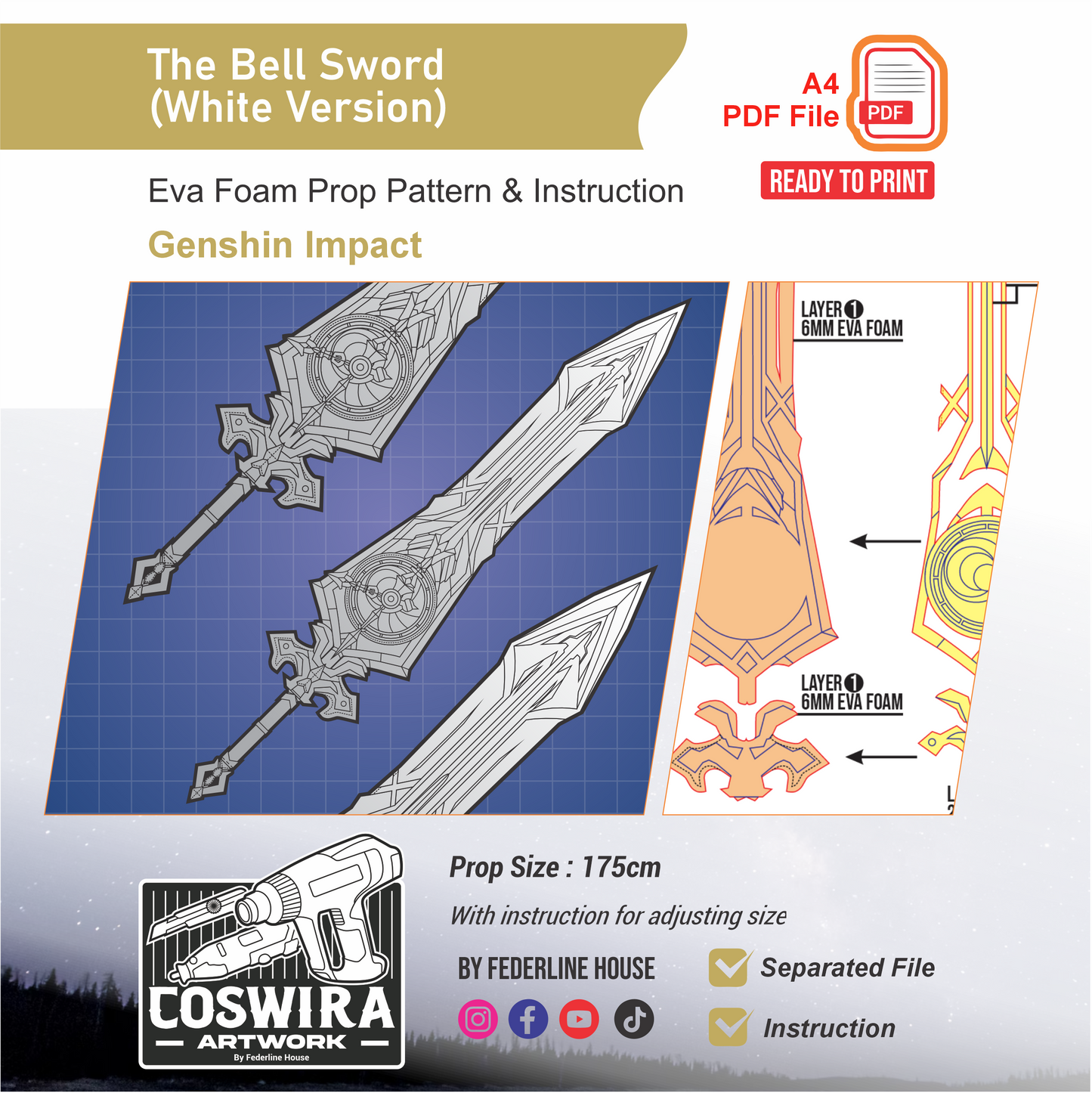 The Bell Claymore White Version Prop Pattern Template – EVA Foam Pattern for Cosplay and DIY Builds Inspired by Genshin Impact