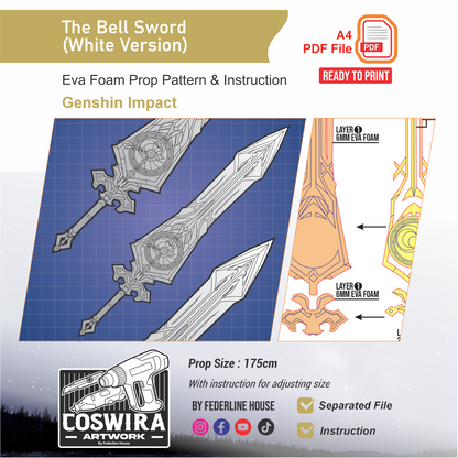 The Bell Claymore White Version Prop Pattern Template – EVA Foam Pattern for Cosplay and DIY Builds Inspired by Genshin Impact