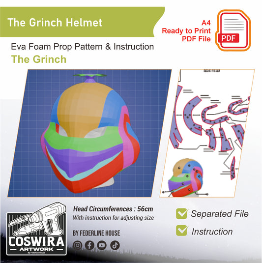 The Grinch Helmet Prop Pattern Template – EVA Foam Pattern for Cosplay & DIY Builds Inspired by The Grinch