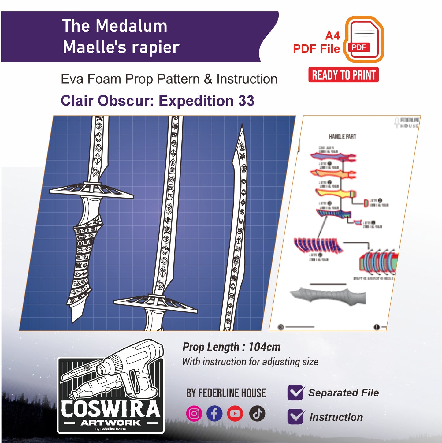 The Medalum Maelle’s Rapier Prop Pattern Template – EVA Foam Pattern for Cosplay & DIY Builds Inspired by Clair Obscur: Expedition 33