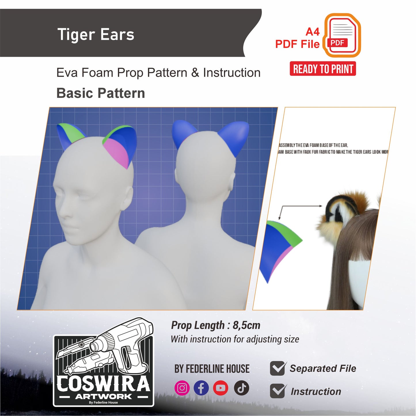 Tiger Ears Prop Pattern Template – EVA Foam Pattern for Cosplay and DIY Builds Inspired by Animal Fantasy Style