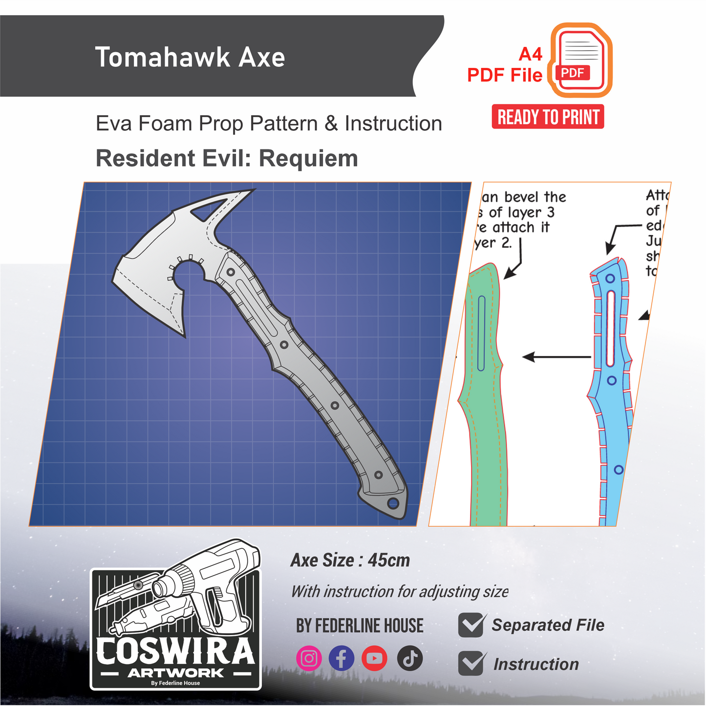 Tomahawk Axe Prop Pattern Template – EVA Foam Pattern for Cosplay and DIY Builds Inspired by Resident Evil Requiem Game