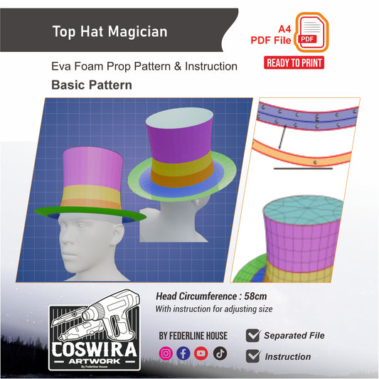 Top Hat Magician Basic Pattern Template – EVA Foam Cosplay PDF for DIY Hat