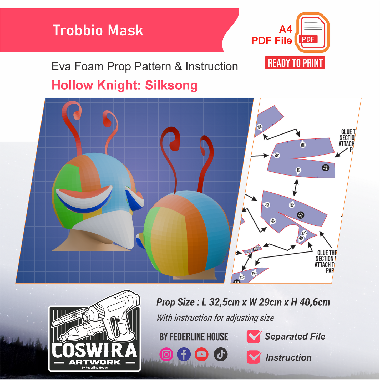 Trobbio Mask Prop Pattern Template – EVA Foam Cosplay PDF Inspired by Hollow Knight