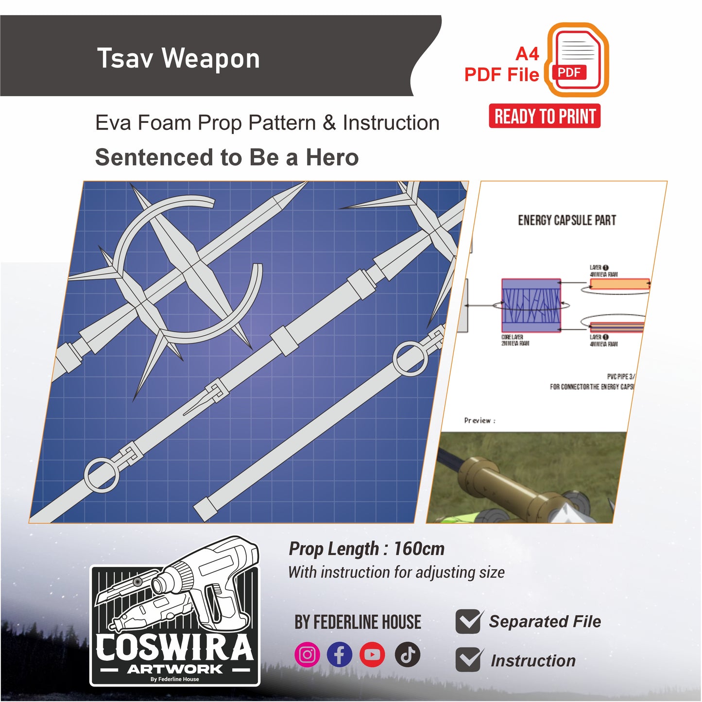 Tsav Weapon Prop Pattern Template – EVA Foam Pattern for Cosplay and DIY Builds Inspired by Sentenced to Be a Hero Anime