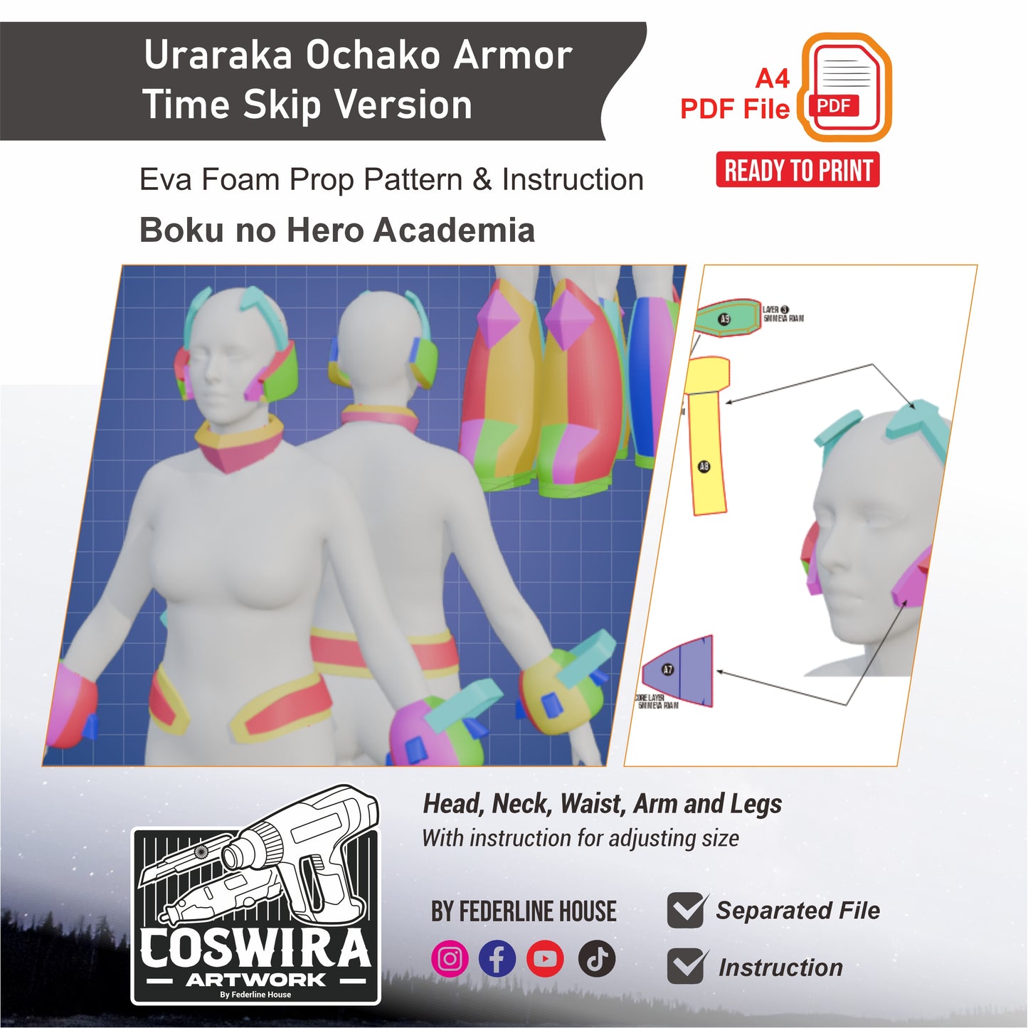 Uraraka Ochako Time Skip Armor Prop Pattern Template – EVA Foam Pattern for Cosplay and DIY Builds Inspired by My Hero Academia Anime
