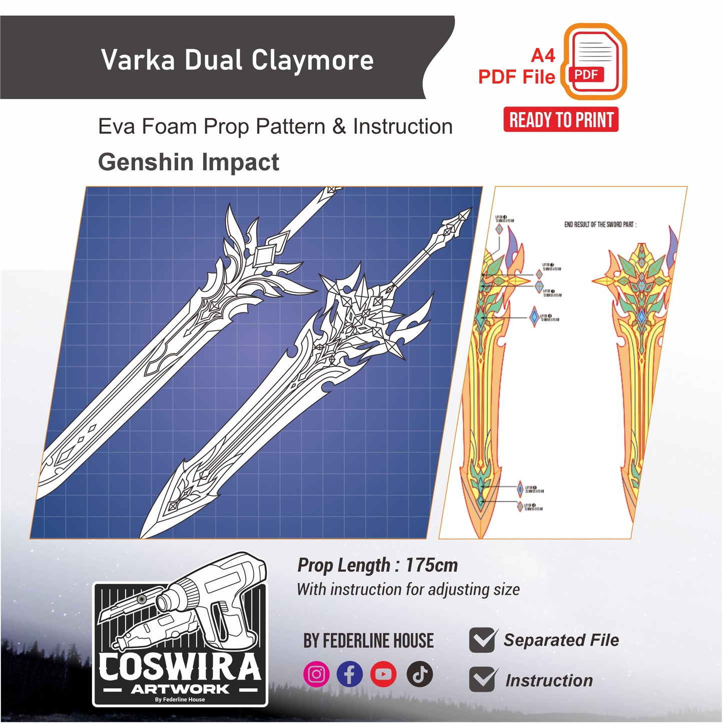 Varka Dual Claymore Prop Pattern Template – EVA Foam Pattern for Cosplay & DIY Builds Inspired by Genshin Impact