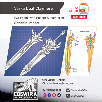 Varka Dual Claymore Prop Pattern Template – EVA Foam Pattern for Cosplay & DIY Builds Inspired by Genshin Impact