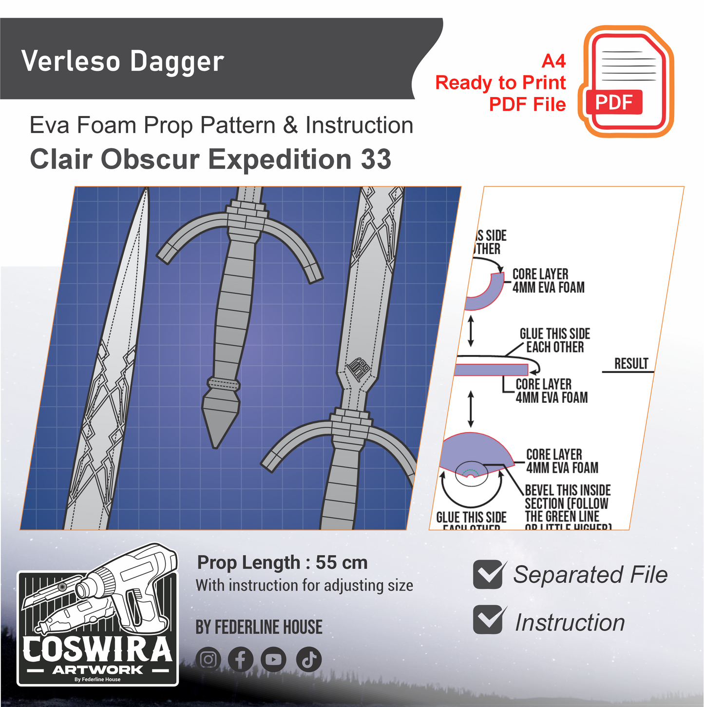 Verleso Dagger Prop Pattern Template – EVA Foam Pattern for Cosplay & DIY Builds Inspired by Clair Obscur: Expedition 33