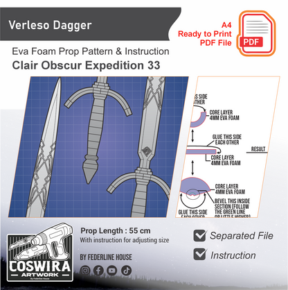 Verleso Dagger Prop Pattern Template – EVA Foam Pattern for Cosplay & DIY Builds Inspired by Clair Obscur: Expedition 33