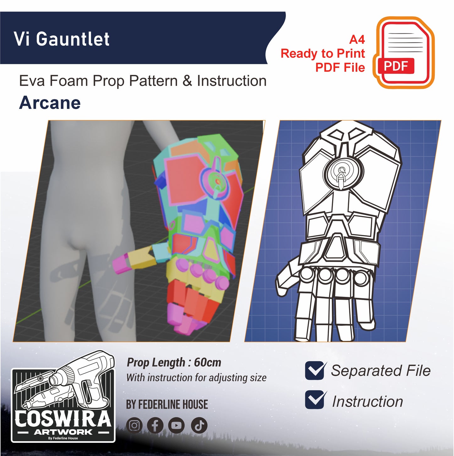Vi Gauntlet Prop Pattern Template – EVA Foam Pattern for Cosplay & DIY Builds Inspired by Arcane
