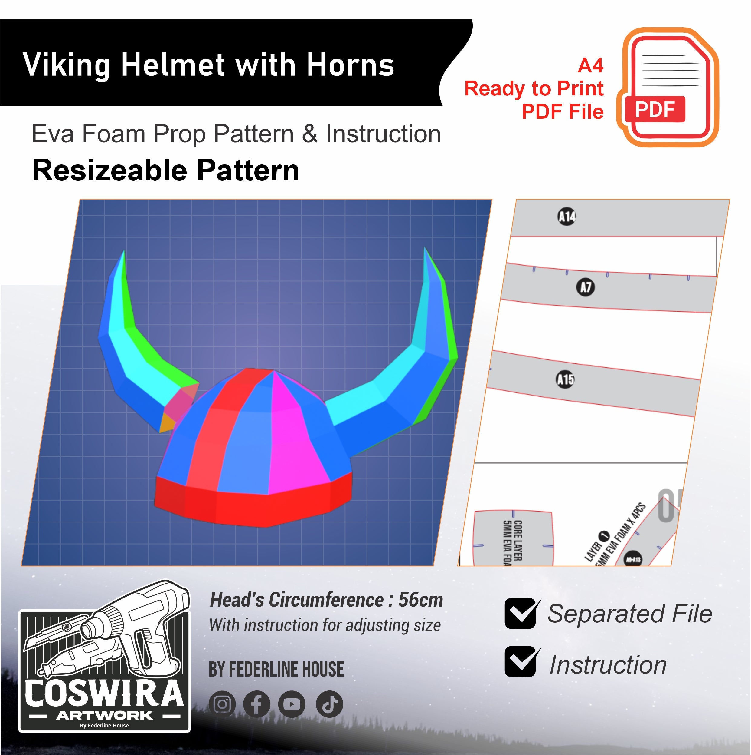 Pattern Helmet Half Prop Pattern: Viking Helmet with Horns Resizable EVA Foam Cosplay Temp ...
