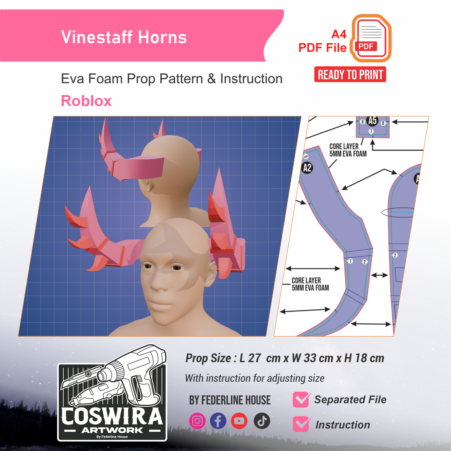 Vinestaff Horns Prop Pattern Template – EVA Foam Pattern for Cosplay and DIY Builds Inspired by Roblox