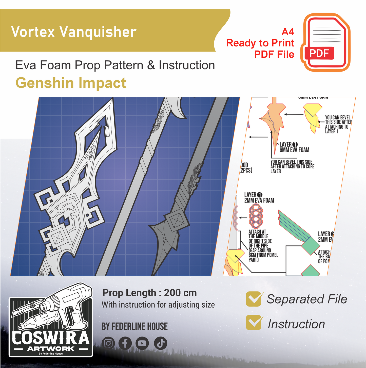 Vortex Vanquisher Prop Pattern Template – EVA Foam Pattern for Cosplay & DIY Builds Inspired by Genshin Impact
