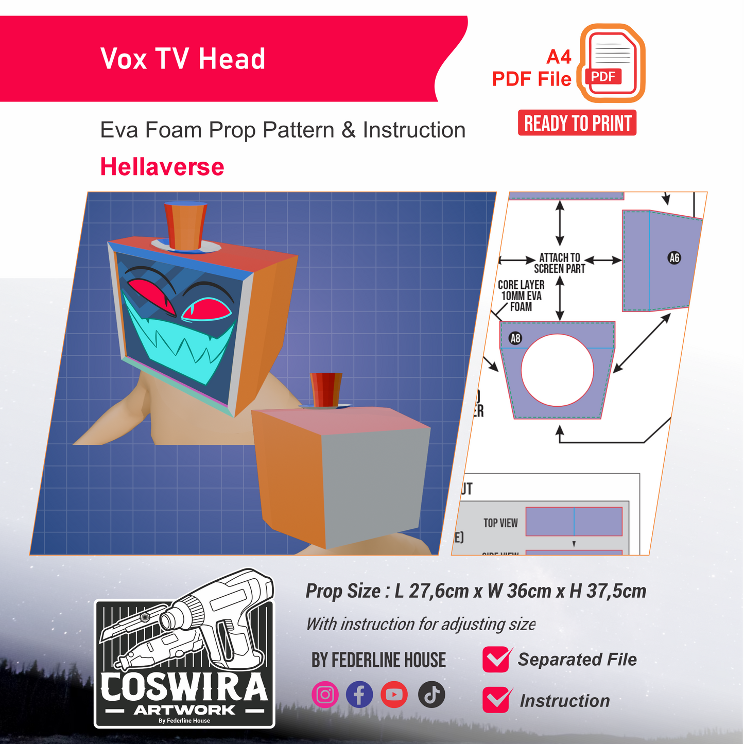 Vox TV Head Helmet Prop Pattern Template – EVA Foam Pattern for Cosplay and DIY Builds Inspired by Hellaverse