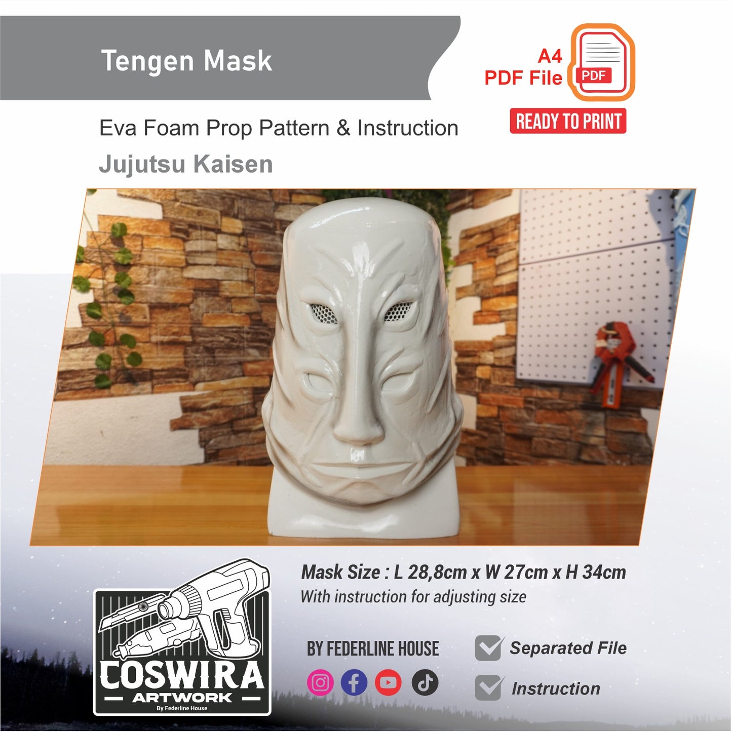 Tengen Mask Prop Pattern Template – EVA Foam Pattern for Cosplay & DIY Builds Inspired by Jujutsu Kaisen