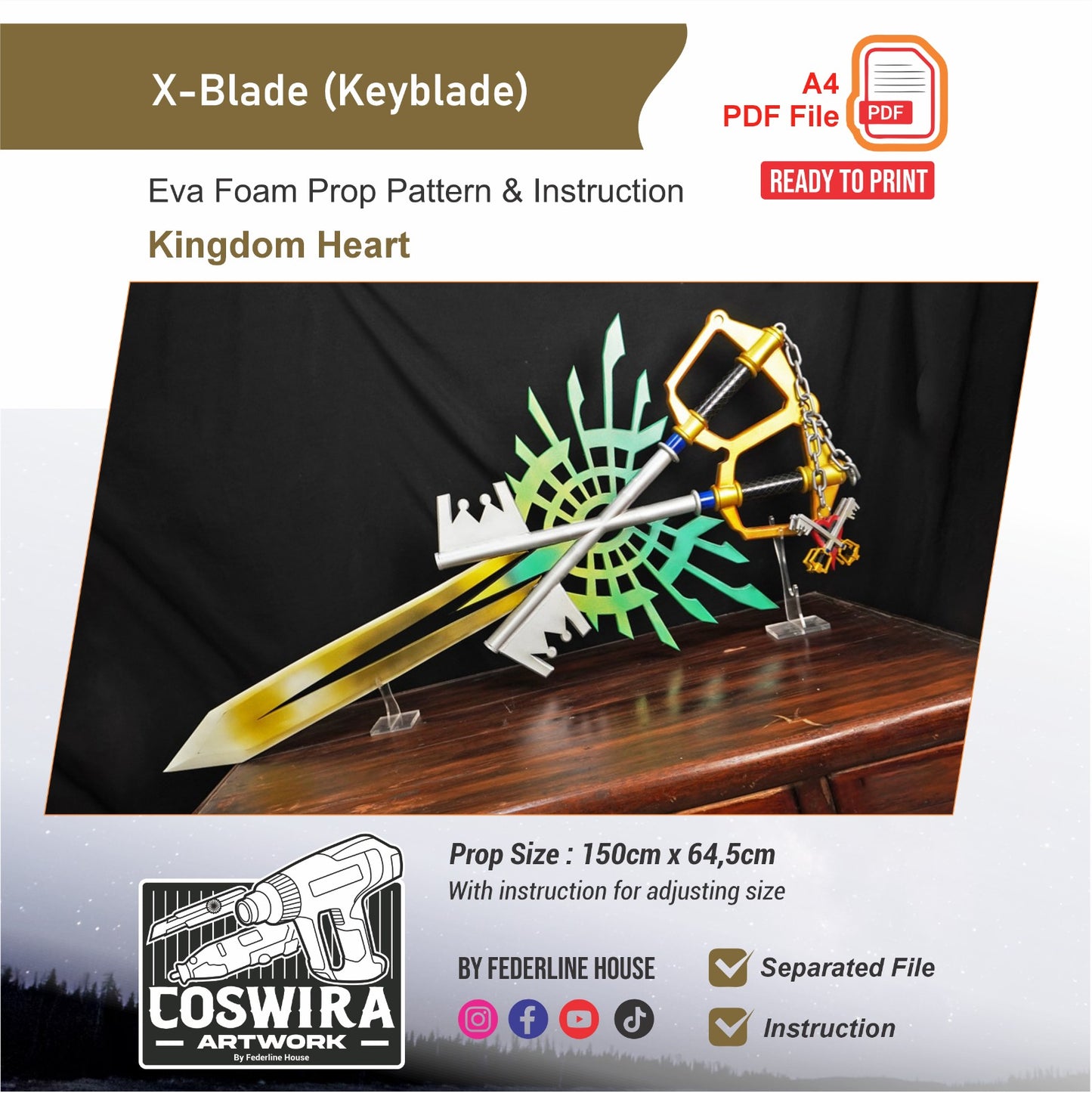 X-Blade Keyblade Prop Pattern Template – EVA Foam Pattern for Cosplay & DIY Builds Inspired by Kingdom Hearts