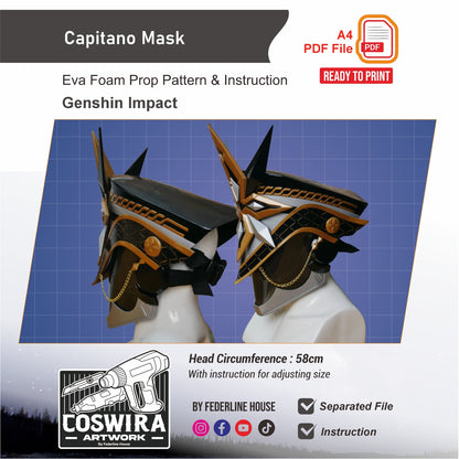 Prop Pattern: IL Capitano's Mask from Genshin Impact Cosplay Template Blueprint PDF