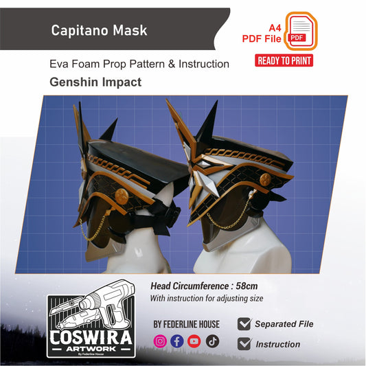 Prop Pattern: IL Capitano's Mask from Genshin Impact Cosplay Template Blueprint PDF