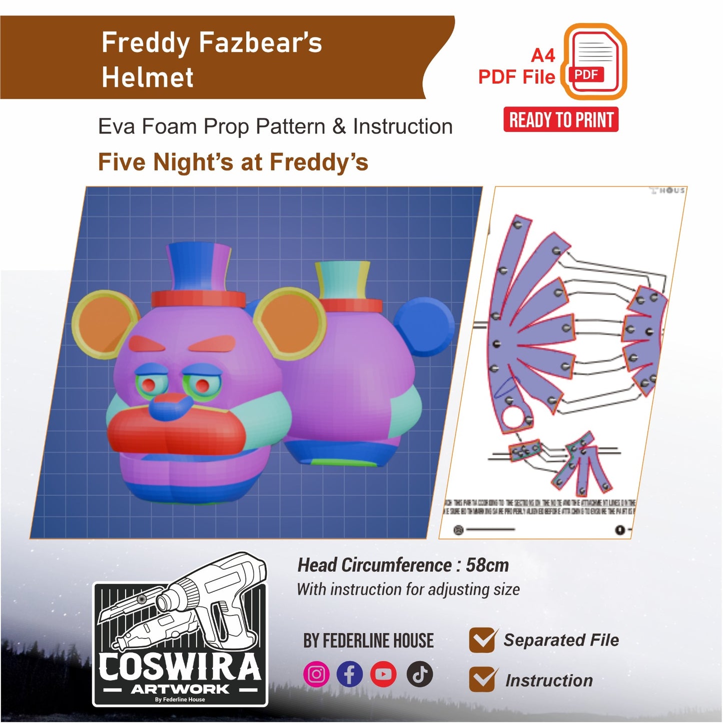 Freddy Fazbear Helmet Prop Pattern Template – EVA Foam Pattern for Cosplay and DIY Builds Inspired by Five Nights at Freddy's