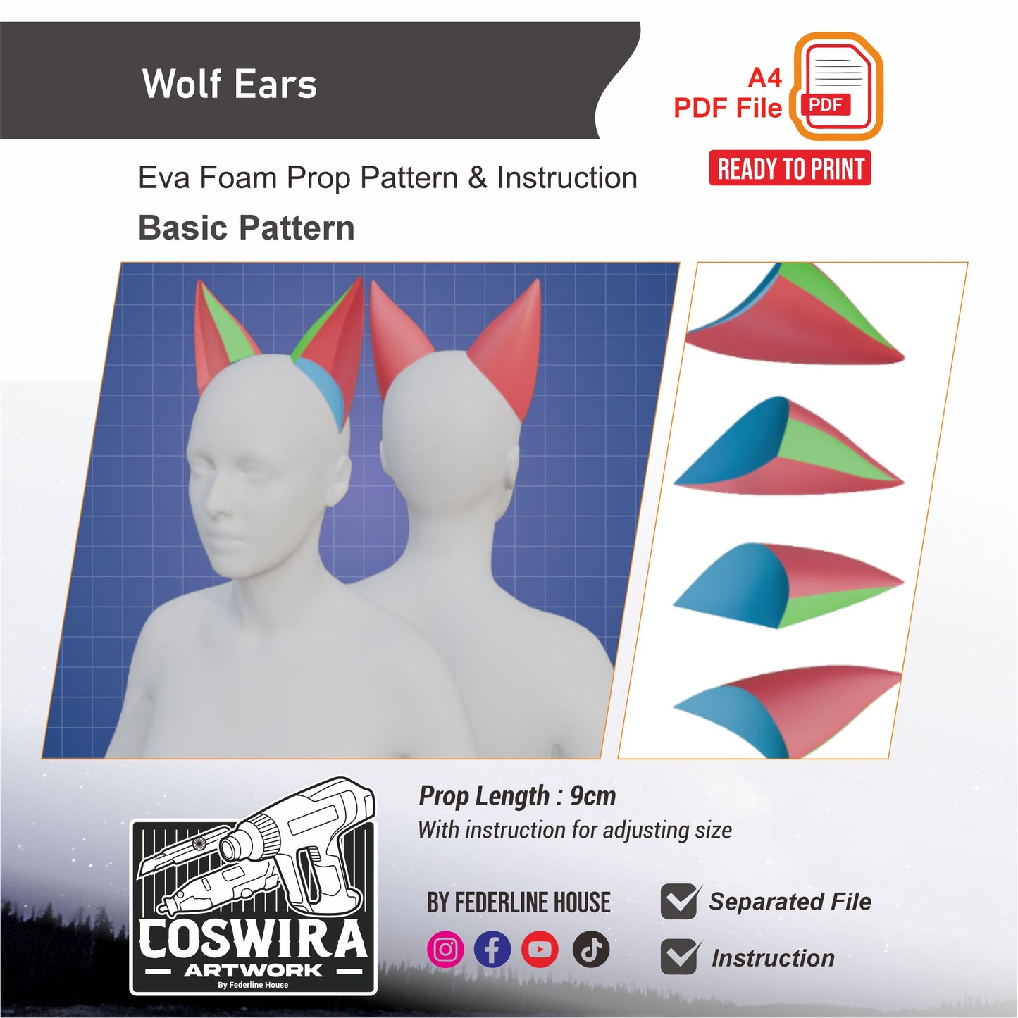 Wolf Ears Prop Pattern Template – EVA Foam Pattern for Cosplay and DIY Builds Inspired by Animal Fantasy Style