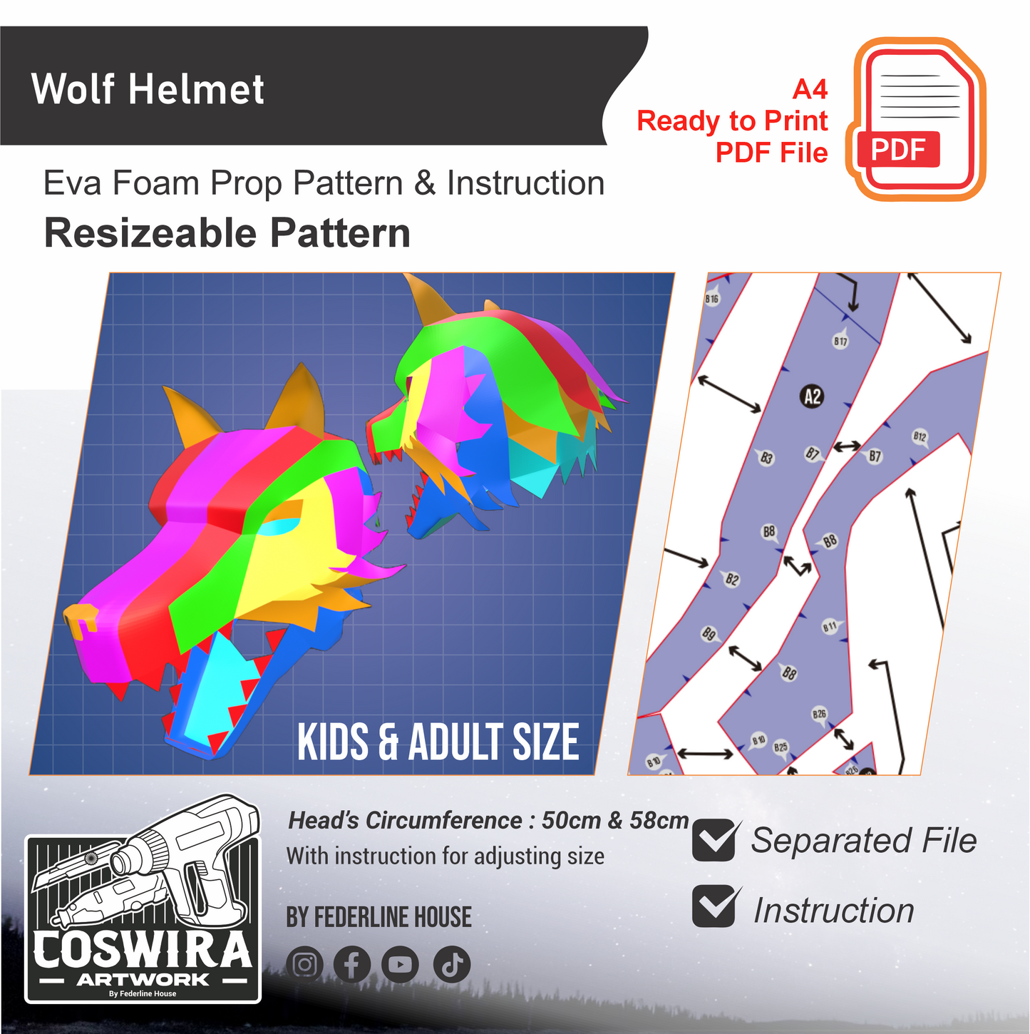 Wolf Helmet Basic Pattern Template – EVA Foam Pattern for Cosplay & DIY Builds
