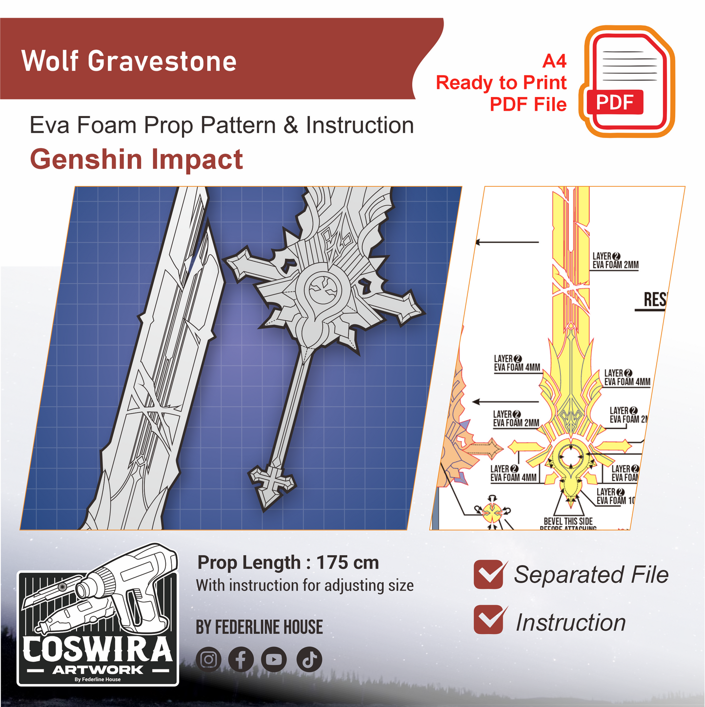 Wolf’s Gravestone Prop Pattern Template – EVA Foam Pattern for Cosplay & DIY Builds Inspired by Genshin Impact