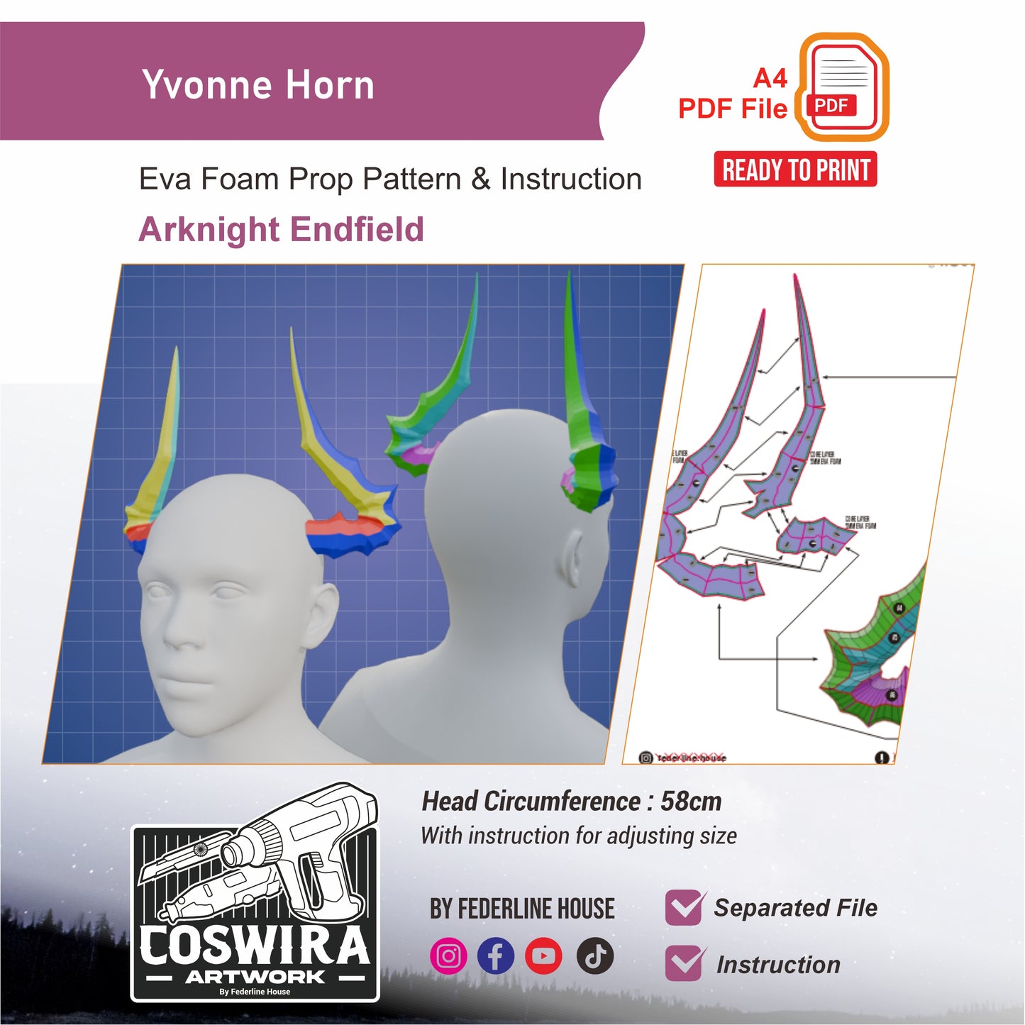 Yvonne Horn Prop Pattern Template – EVA Foam Pattern for Cosplay and DIY Builds Inspired by Arknights Endfield