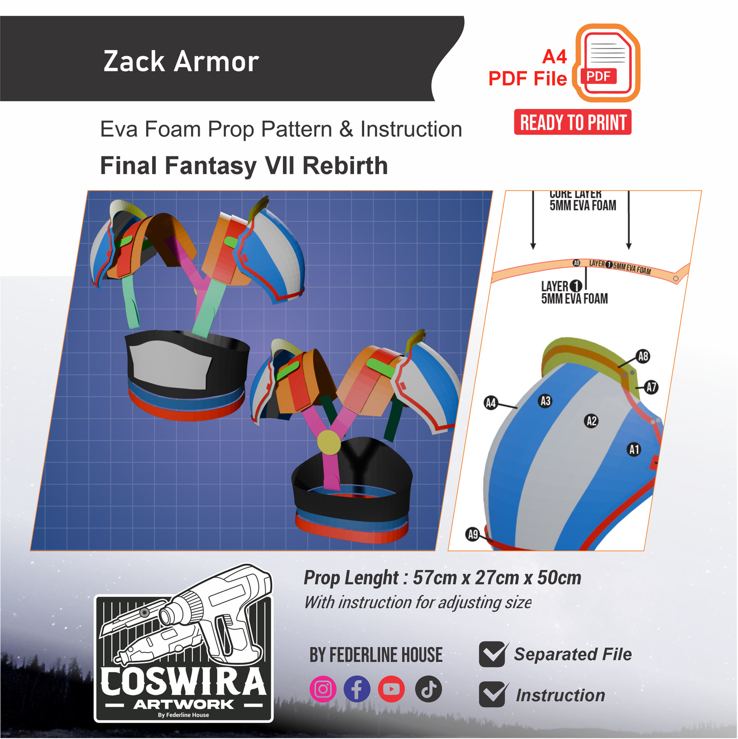 Zack Shoulder Armor & Waist Strap Prop Pattern – EVA Foam Template for Cosplay & DIY Builds Inspired by Final Fantasy