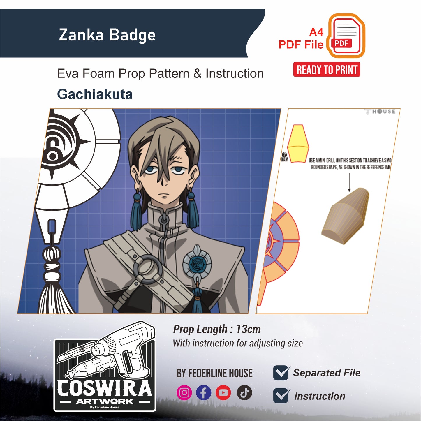 Zanka Badge Prop Pattern Template – EVA Foam Pattern for Cosplay and DIY Builds Inspired by Gachiakuta Anime