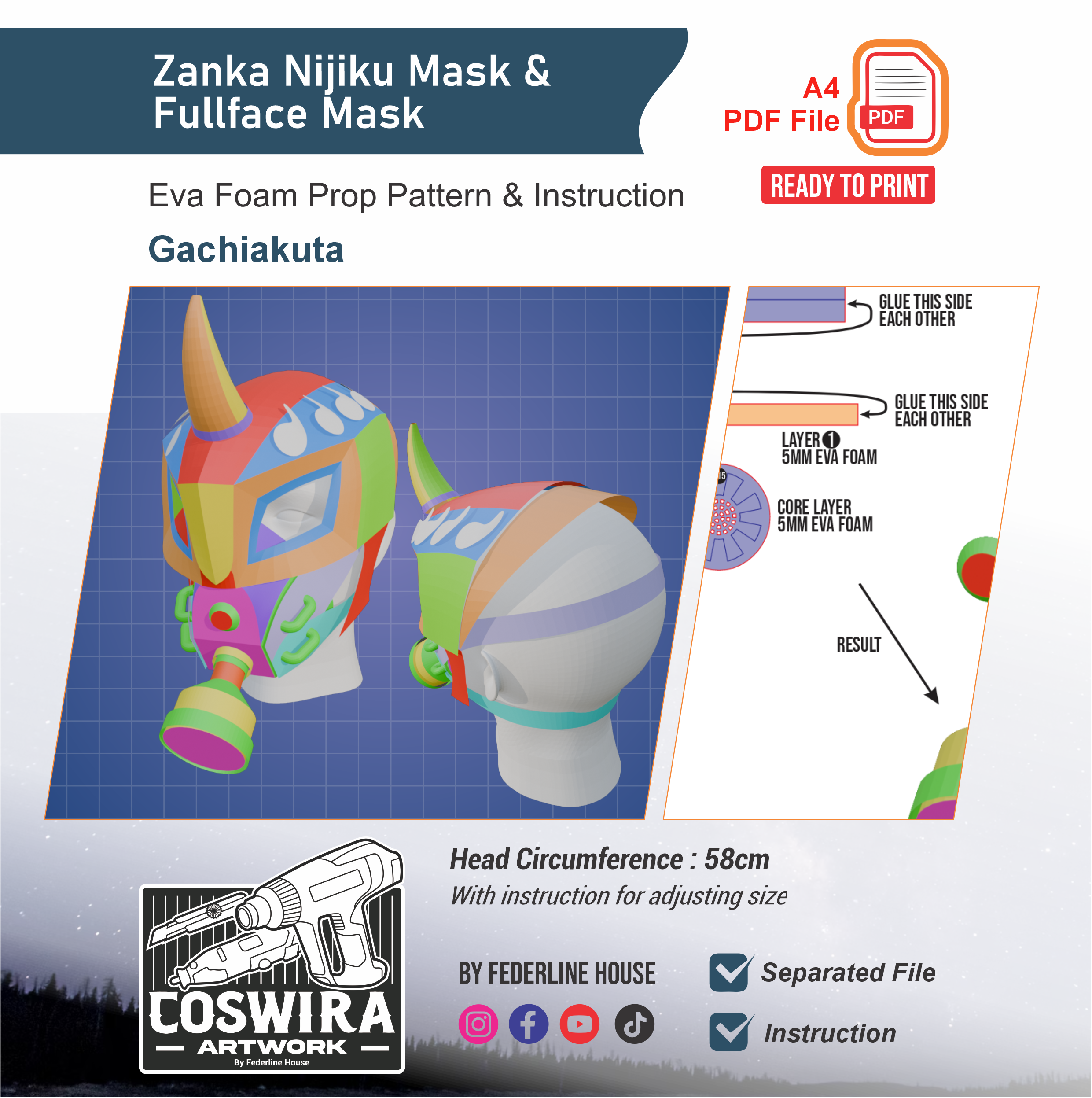 Zanka Nijiku Mask & Full Face Mask Prop Pattern Template – EVA Foam Pa ...