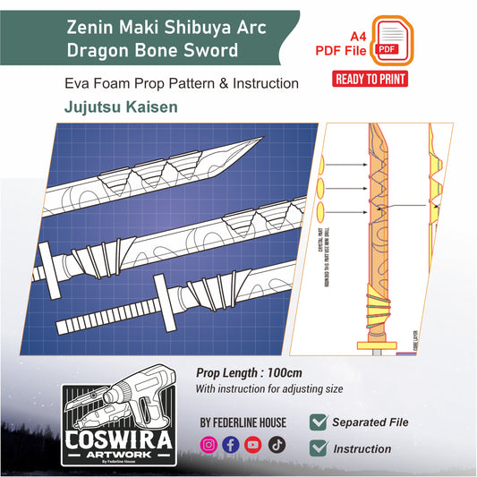 Zenin Maki Sword Dragon Bone Shibuya Arc Prop Pattern Template – EVA Foam Cosplay PDF Inspired by Jujutsu Kaisen