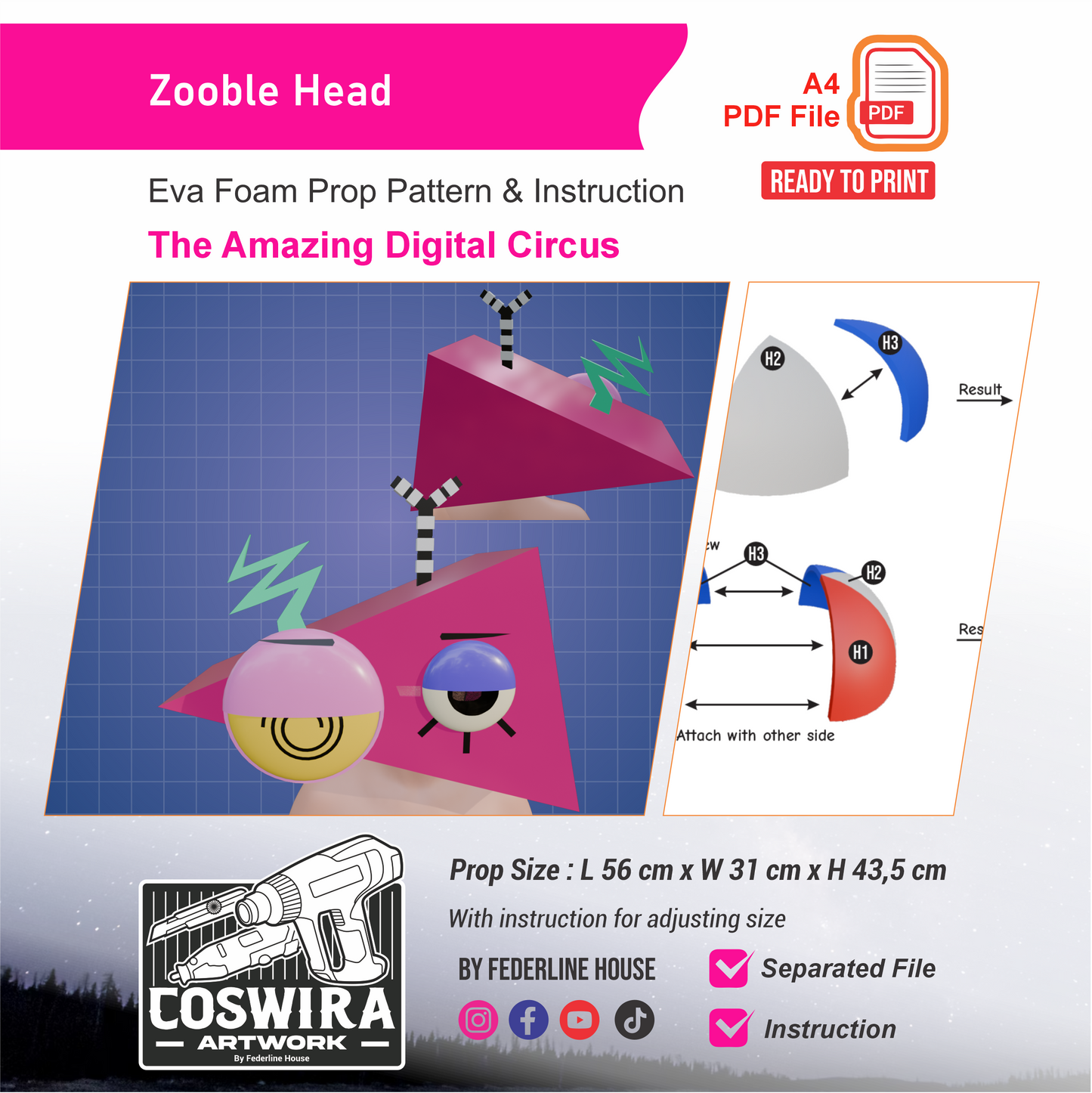 Zooble Head Helmet Prop Pattern Template – EVA Foam Pattern for Cosplay and DIY Builds Inspired by The Amazing Digital Circus