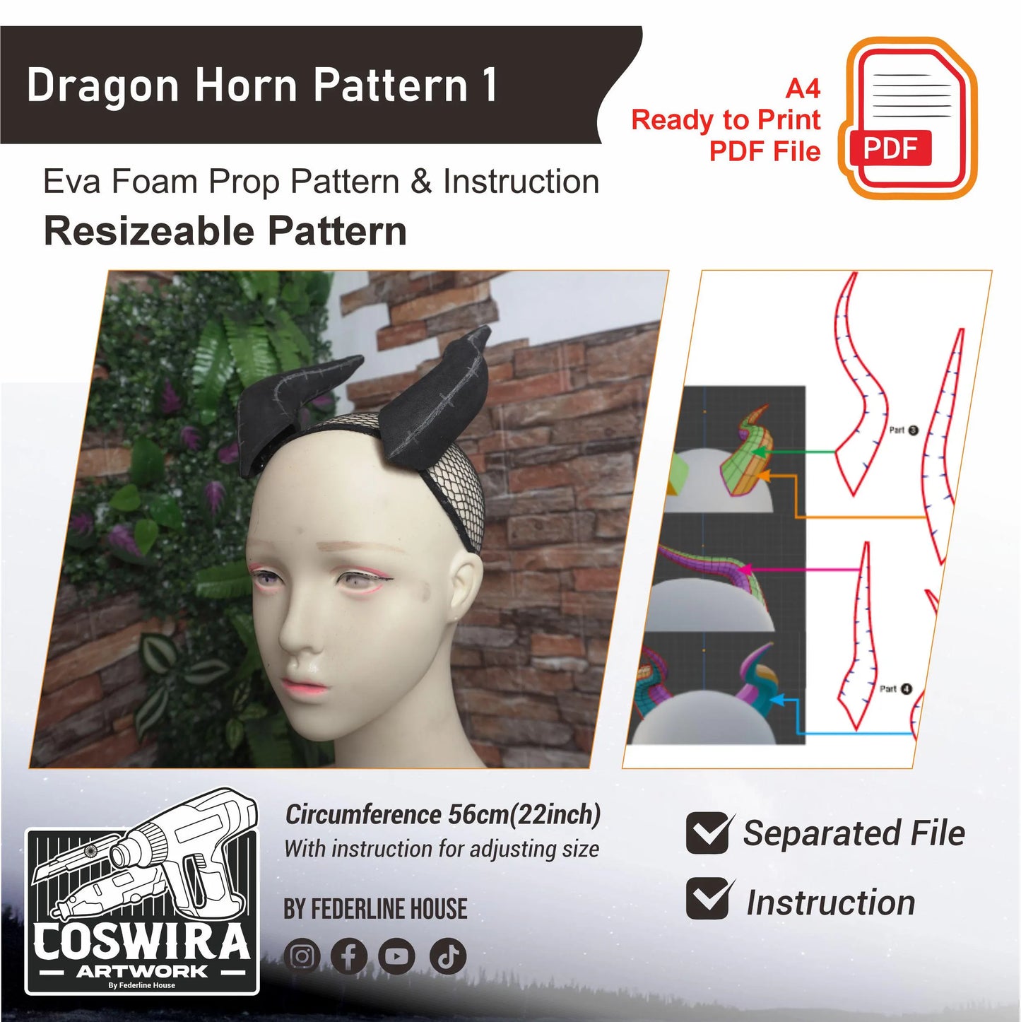 Prop Pattern: Dragon Horn 1 Basic Pattern Cosplay Template Blueprint PDF