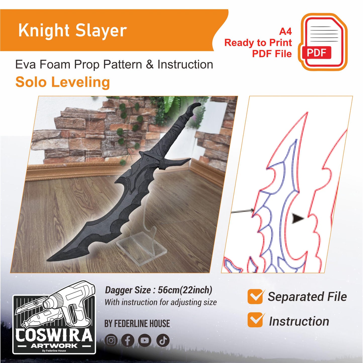 Prop Pattern: Knight Slayer Sword from Solo Leveling Cosplay Template Blueprint PDF