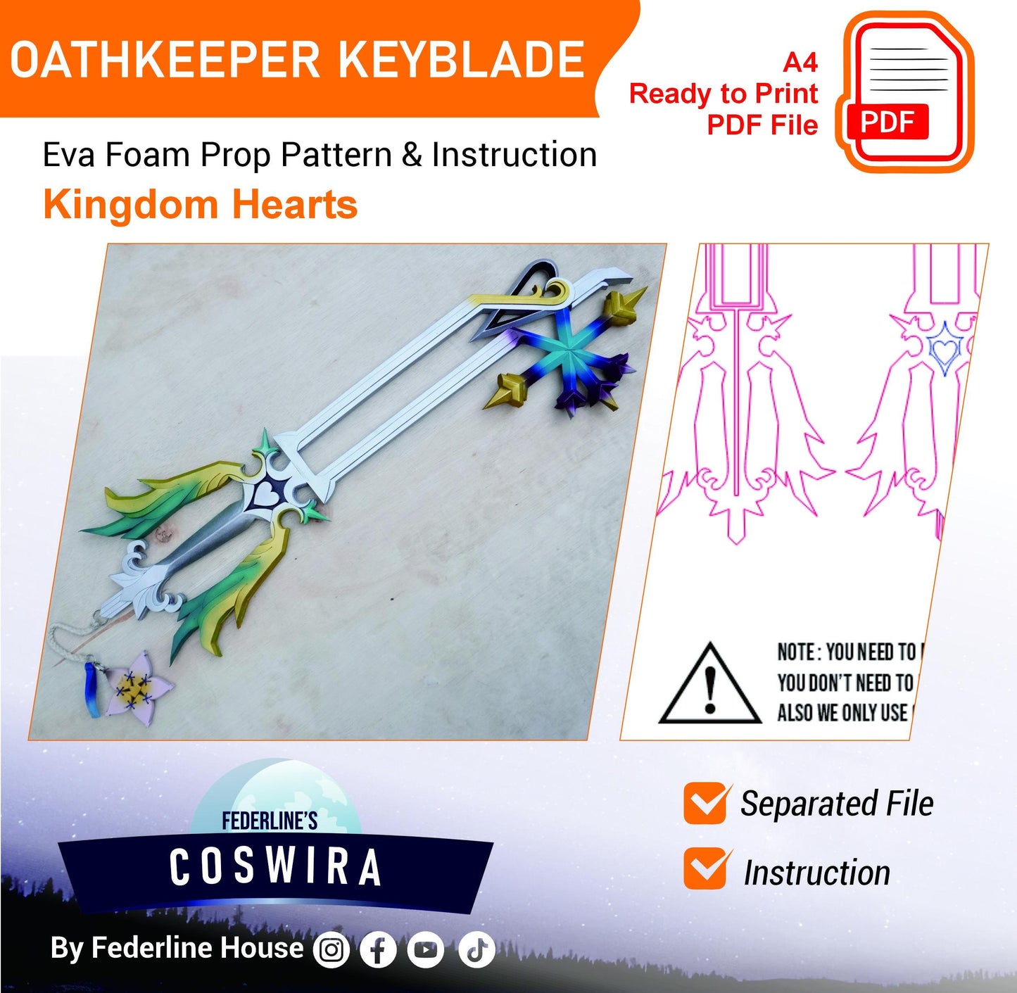 Prop Pattern: Oathkeeper Keyblade from Kingdom Hearts Cosplay Template Blueprint PDF