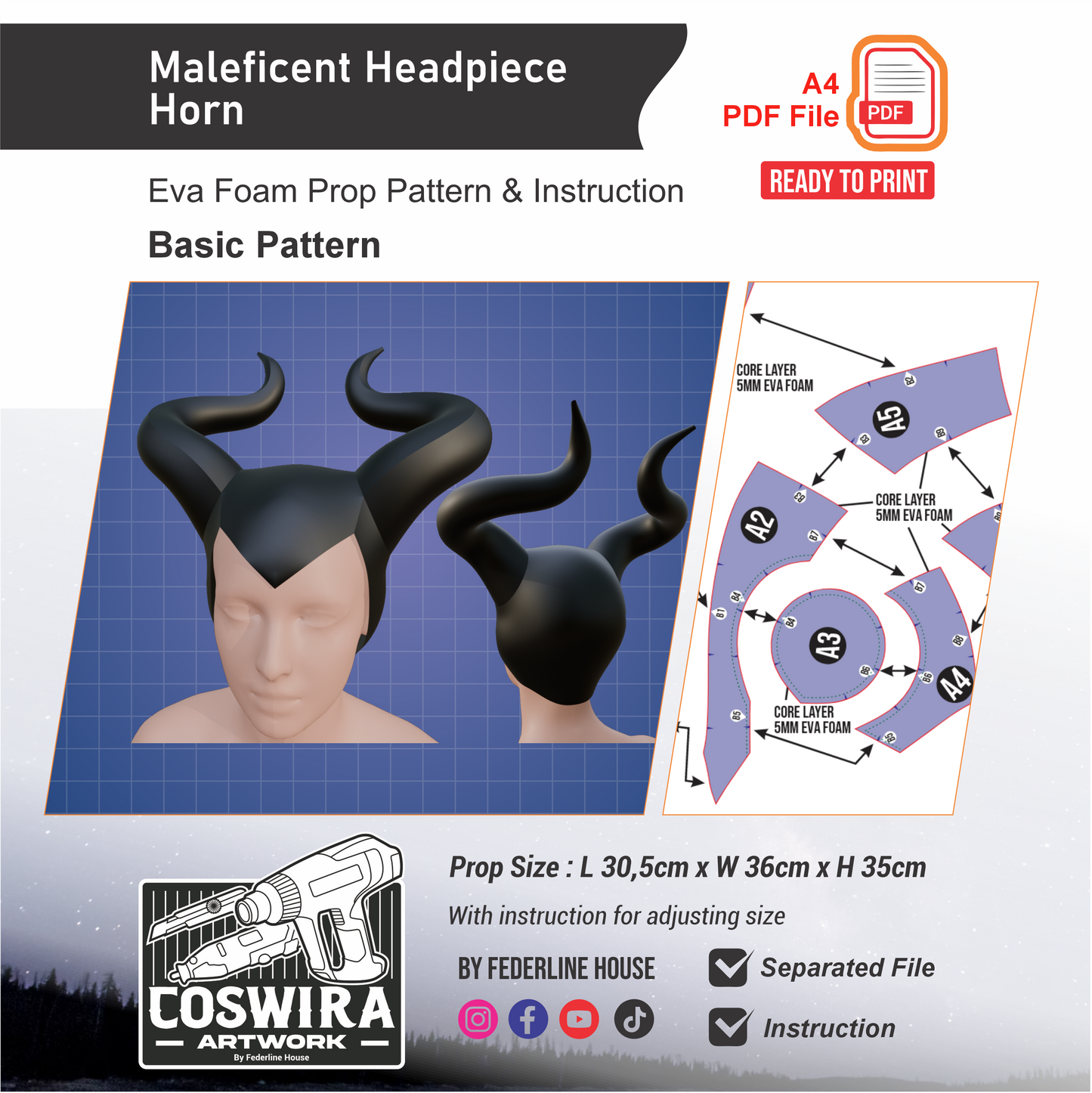Maleficent Headpiece Horn Prop Pattern Template – EVA Foam Pattern for Cosplay and DIY Builds Inspired by Dark Fantasy Style